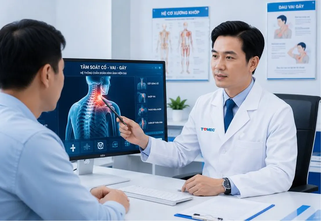 Bác sĩ tư vấn kết quả chụp cột sống cổ cho khách hàng tại TOMEC