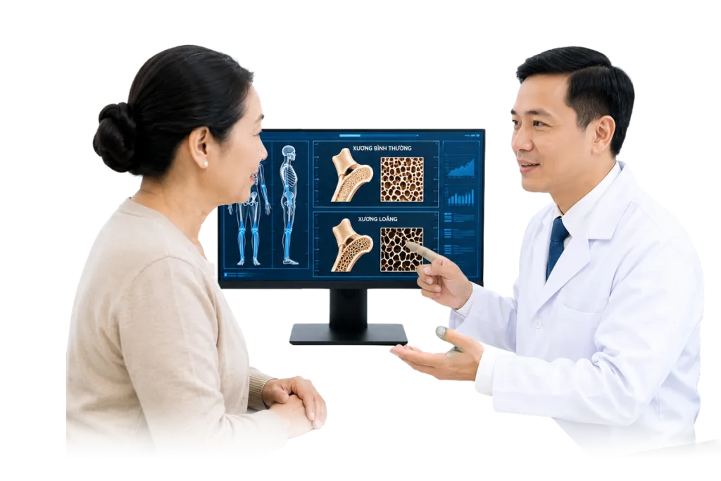 Bác sĩ tư vấn kết quả đo loãng xương cho khách hàng tại TOMEC