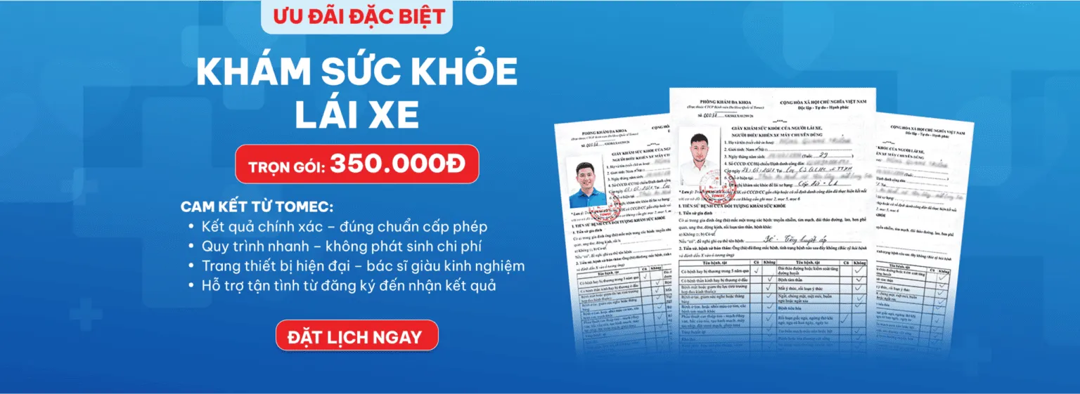 Banner ưu đãi khám sức khỏe lái xe trọn gói 350.000đ tại TOMEC