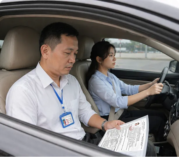 học viên học lái xe ô tô cùng giáo viên