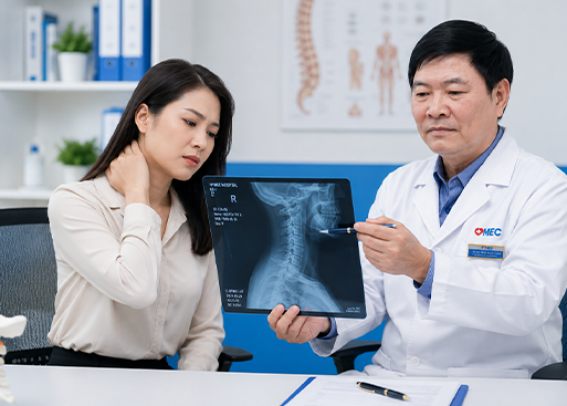 bác sĩ đọc phim x-quang cột sống cổ cho bệnh nhân