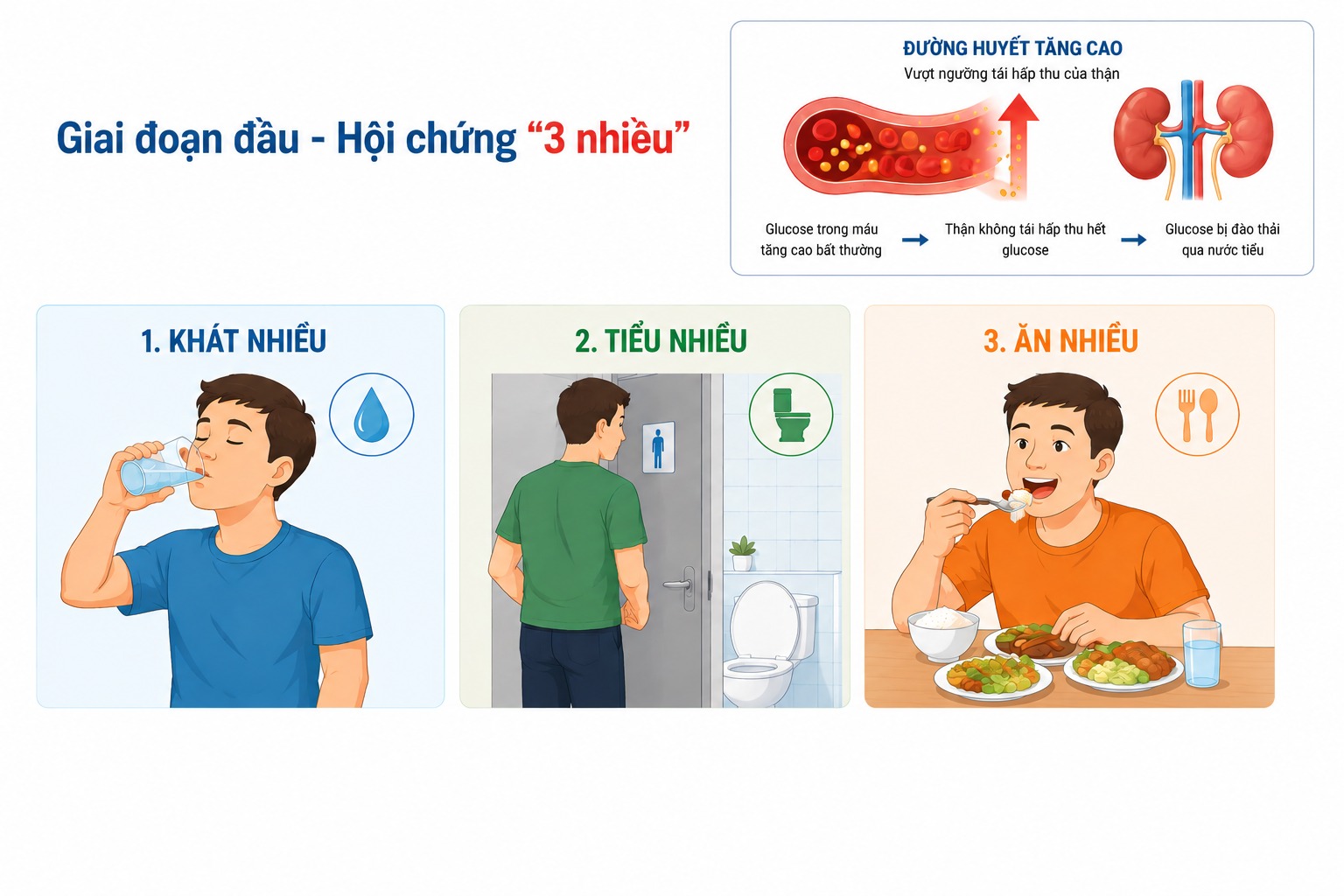 Các dấu hiệu điển hình của bệnh tiểu đường gồm khát nhiều, tiểu nhiều, ăn nhiều và sụt cân không rõ nguyên nhân