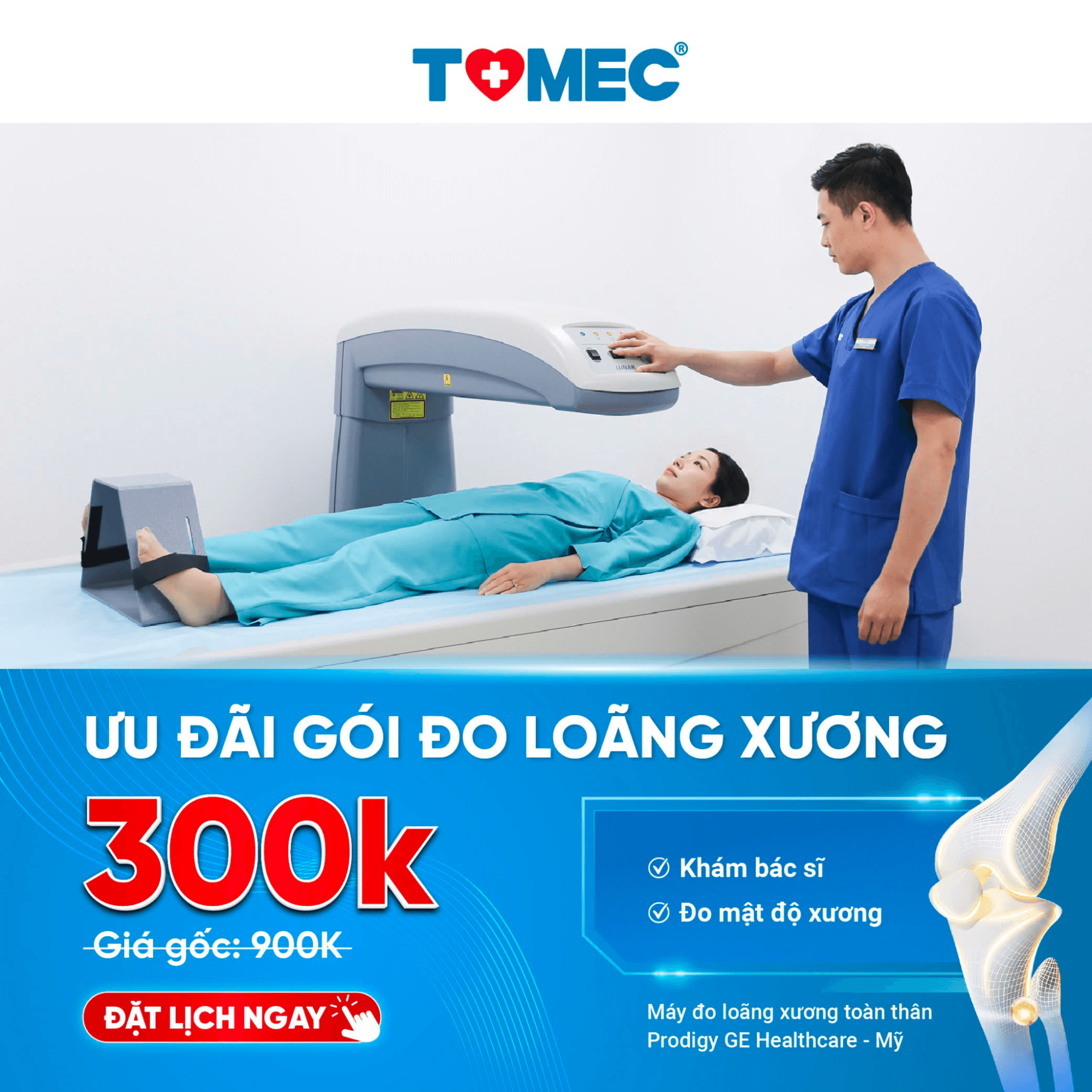 Gói Đo loãng xương tại Tomec bao gồm Khám nội tổng quát và Đo loãng xương với Máy đo loãng xương Prodigy (Mỹ)